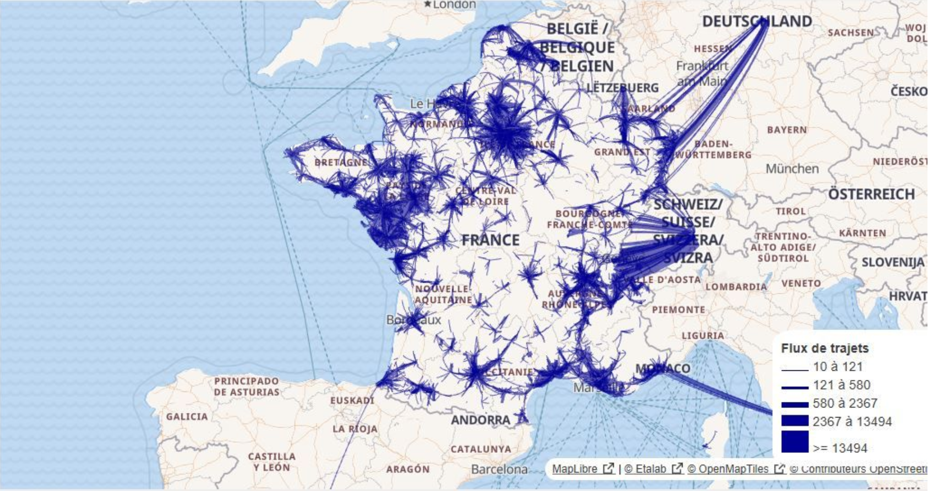 Carte du réseau de trajets covoiturage montrant l’effet de densité